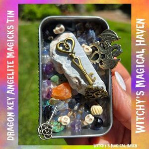 Dragon Key Angelite and Blue Chalcedony Crystal Charm Magicks Tin